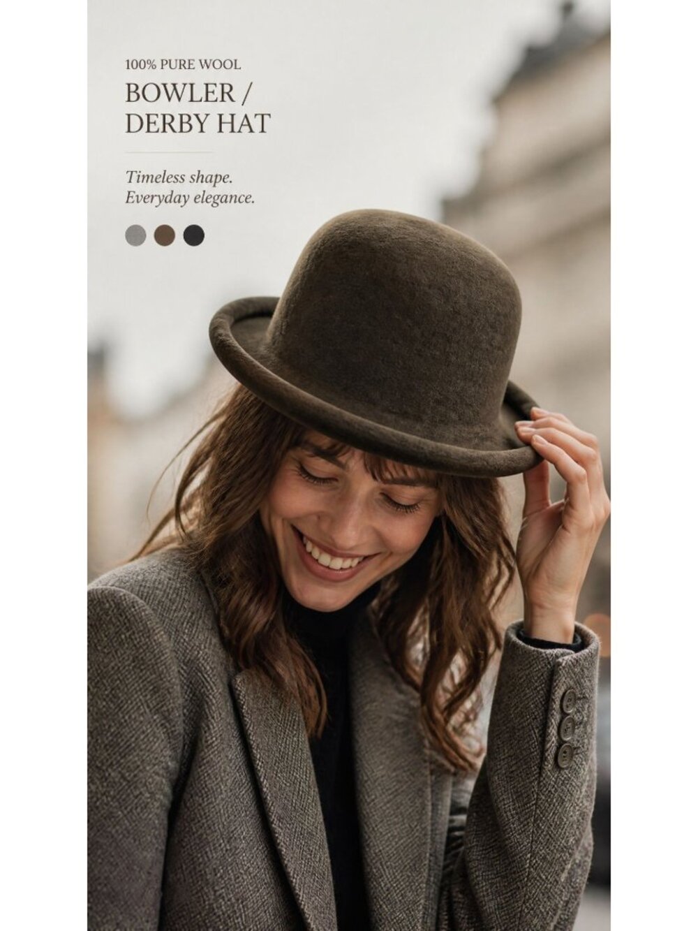 100% Pure Wool Olive Grn Bowler Hat Timeless Design, Steampunk, Modern, Bohemian - Picture 10 of 15